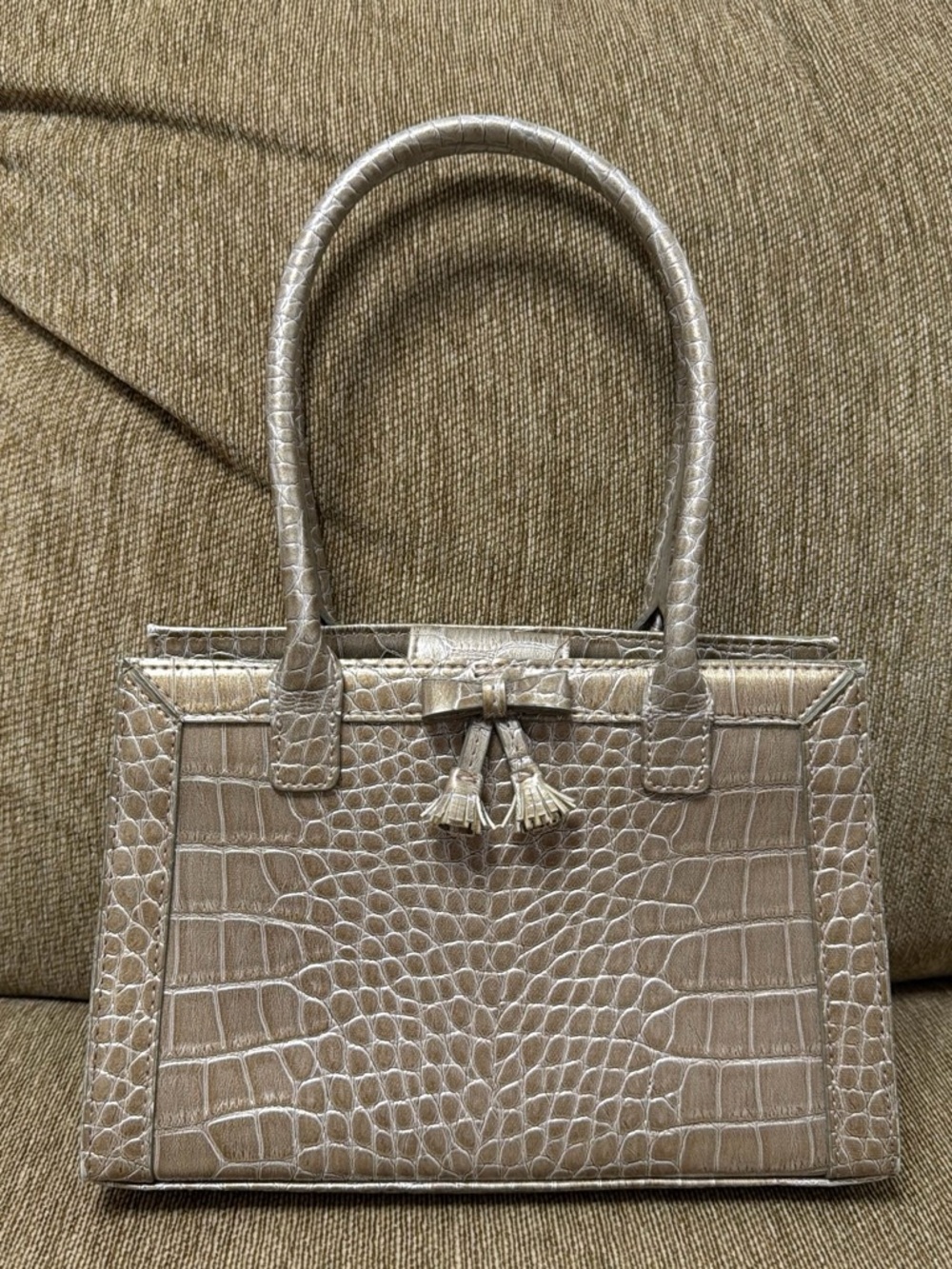 Liz Claiborne Gray Metallic Taupe Faux Croc-Embossed Mini Satchel with Tassel